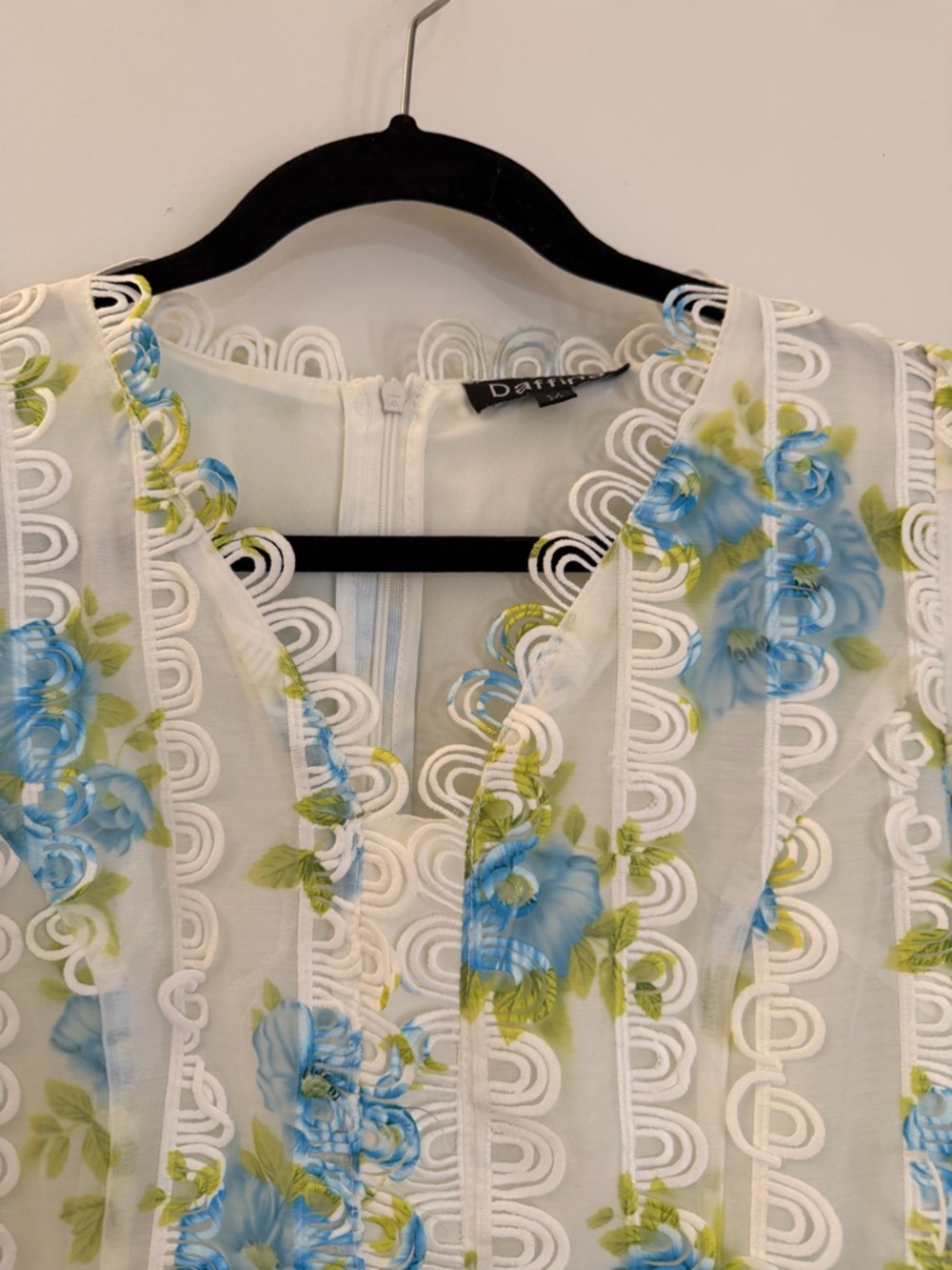 Sheer White Floral Lace Dress with Blue & Green Embroidery - Picture 3 of 9